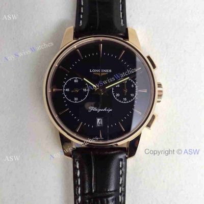 Swiss Fake longines Automatic Watch Rose Gold Case Black Dial